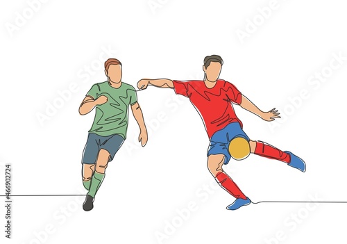 One continuous line drawing of young energetic striker kicking the ball but the defender try to block the shoot. Soccer match sports concept. Single line draw design vector illustration