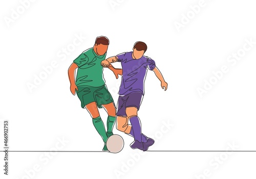 One continuous line drawing of young energetic football player try to pass opponent defender and score the ball to the goal. Soccer match sports concept. Single line draw design vector illustration © Simple Line