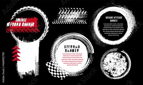 Tire tracks print circular-shaped banners. Automotive grunge collection