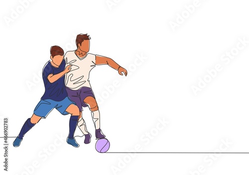 One continuous line drawing of two young energetic football player fighting for the ball at the game. Soccer match sports concept. Single line draw design vector illustration © Simple Line