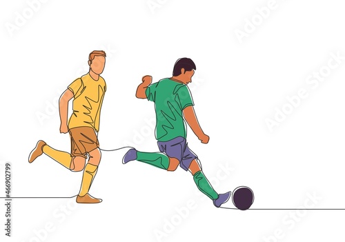 One continuous line drawing of young energetic football player kicking the ball to pass to his teammates. Soccer match sports concept. Single line draw design vector illustration