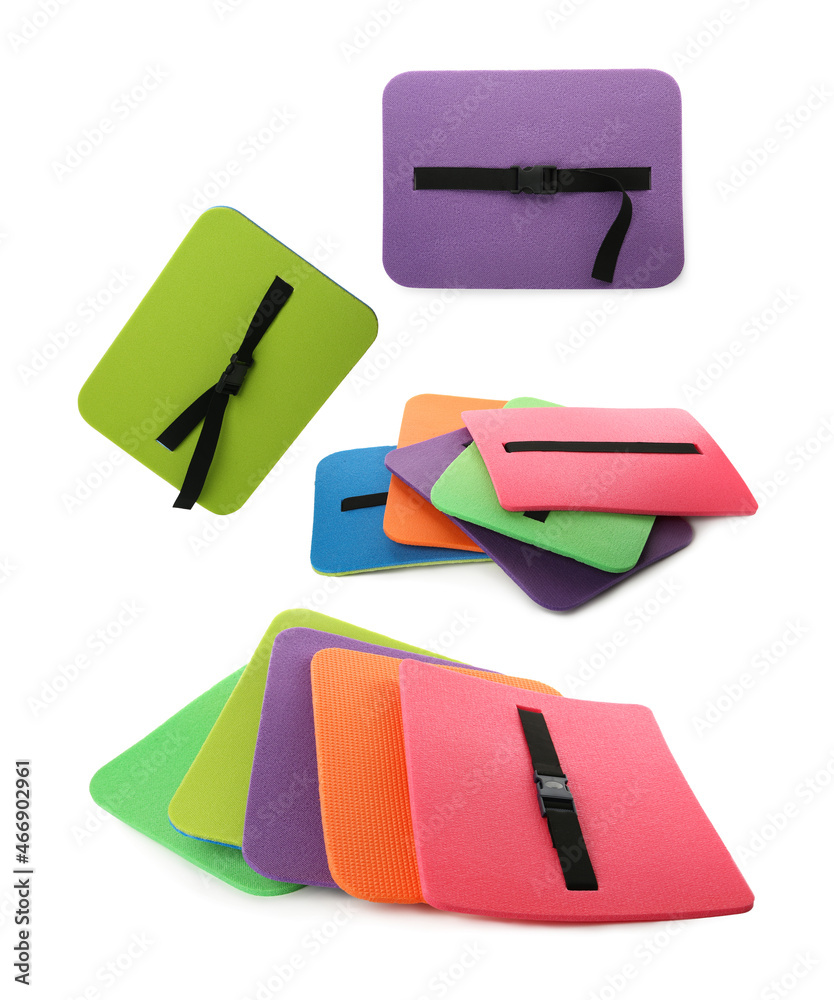 Set with colorful foam tourist seat mats on white background Set with colorful foam tourist seat mats on white background