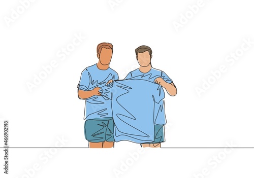 Single continuous line drawing of club manager introduce newly recruited football player at press conference from the transfer window to the fans. One line draw design vector illustration