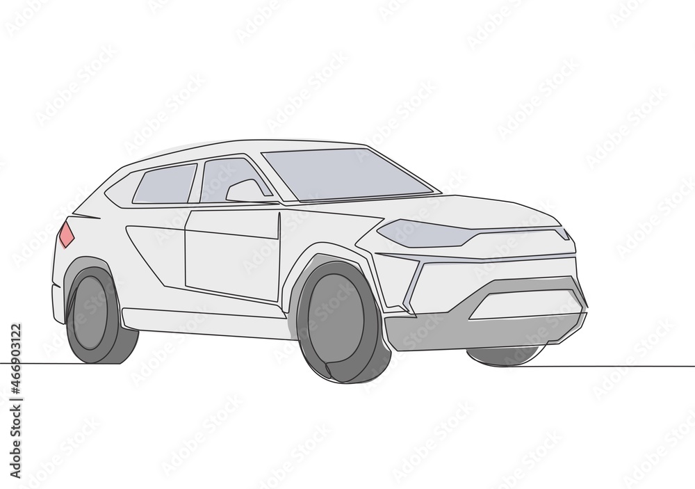 One line drawing of tough big suv car. Family comfortable and safe vehicle transportation concept. Single continuous line draw design