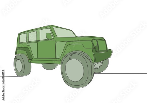 Single line drawing of 4x4 wheel drive tough jeep trail car. Adventure offroad rally vehicle transportation concept. One continuous line draw design