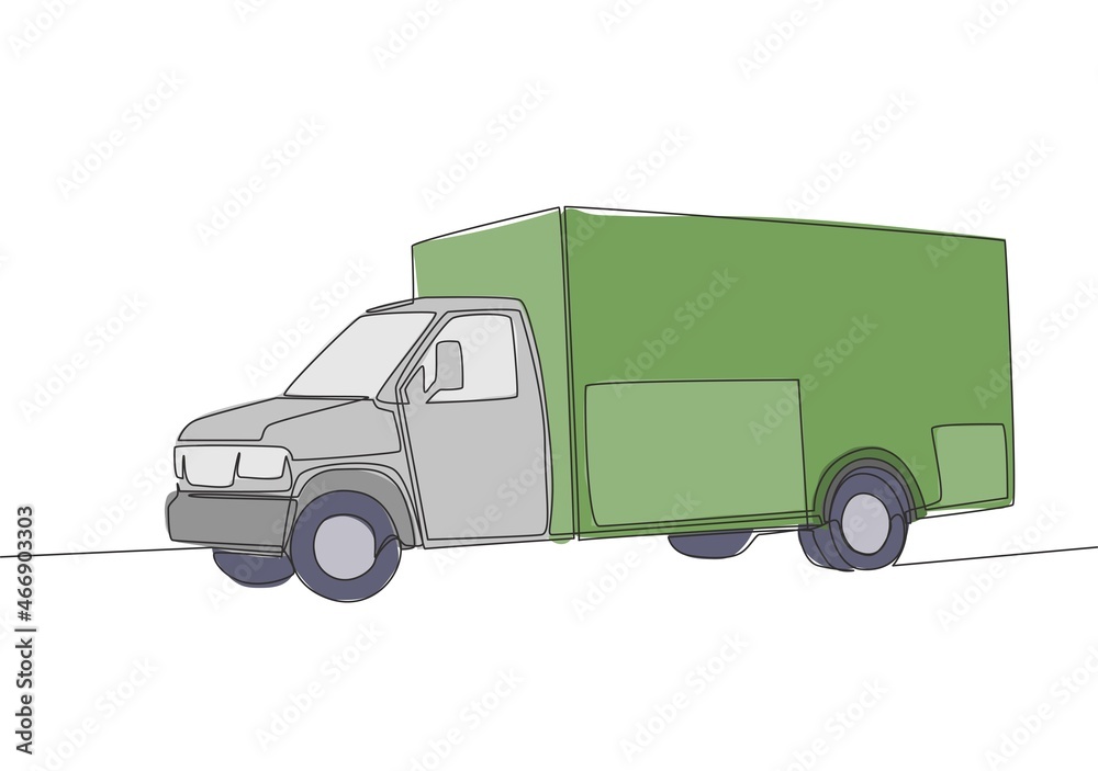 Continuous line drawing of modern trailer truck. Cargo delivery service vehicle transportation concept. One single continuous line draw design Continuous line drawing of modern trailer truck. Cargo delivery service vehicle transportation concept. One single continuous line draw design