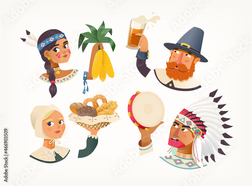 Traditional cute Thanksgiving day characters. Pilgrims that came to America and indiginous natives have dinner with music treats and homemade beer. Isolated vector illustrations characters for holiday photo