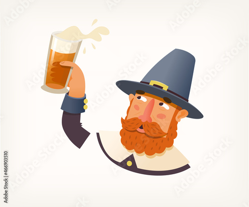 Man wearing vintage old fashioned clothes holding glass of beer. Thanksgiving holiday celebration, seasonal event in autumn. Pilgrim character vector in cartoon style