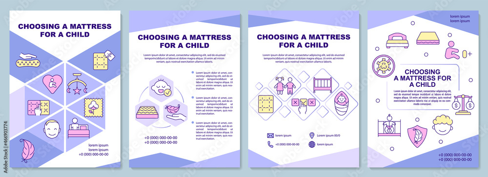 Choosing mattress for child brochure template. Baby spine health. Flyer, booklet, leaflet print, cover design with linear icons. Vector layouts for presentation, annual reports, advertisement pages