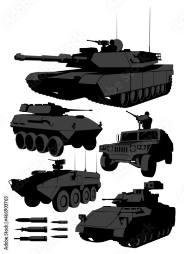 Isolated vector silhouettes of military armored vehicules with optional details. From tanks to armored cars. photo