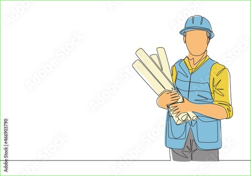 One single line drawing of young handsome architect holding sketch blueprint roll papers. Building construction service concept continuous line draw design illustration