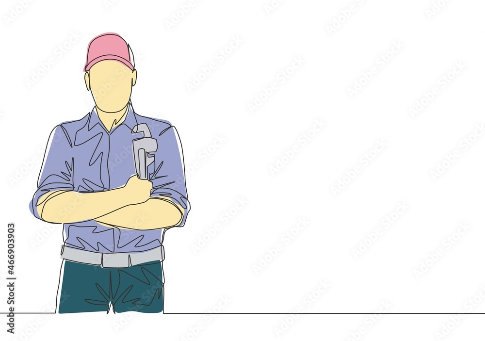 One single line drawing of young handsome plumber wearing uniform and holding a pipe wrench. House maintenance service concept continuous line draw design illustration One single line drawing of young handsome plumber wearing uniform and holding a pipe wrench. House maintenance service concept continuous line draw design illustration