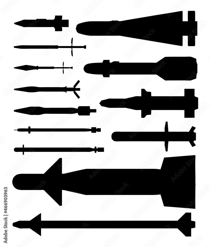 Isolated vector silhouettes of rockets,missiles and bombs.