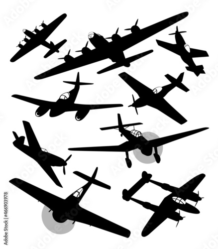 Isolated vector silhouettes of World War II fighters and WW2 bombers with optional details.
