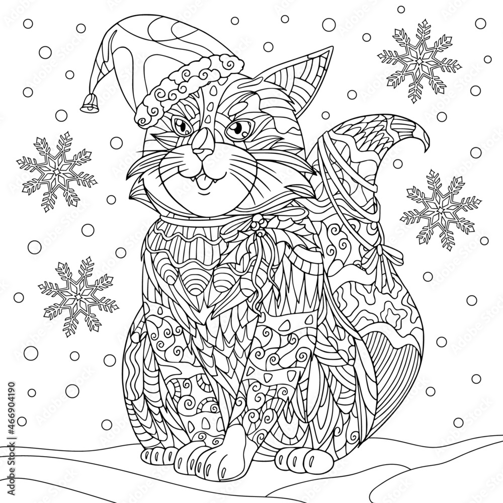 Cute cat in christmas hat see snow in winter. Coloring book page for