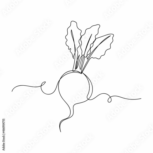 Vector continuous one single line drawing icon of beetroot with leaf in silhouette on a white background. Linear stylized.