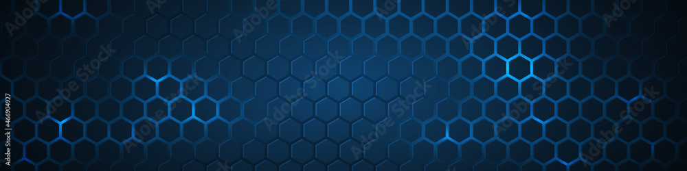 Dark blue technology hexagonal vector background. Abstract blue bright energy flashes under hexagon in dark technology, modern, futuristic vector illustration. Blue honeycomb texture grid. Dark blue technology hexagonal vector background. Abstract blue bright energy flashes under hexagon in dark technology, modern, futuristic vector illustration. Blue honeycomb texture grid.