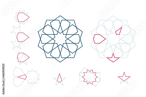 Rules and proportions Construction of traditional islamic geometric tenfold rosette for explanation its design or making mosaic pieces or tiles isolated on white backgrounds. Vector illustration.