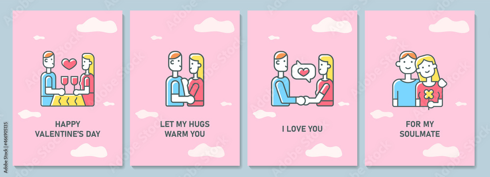 Fototapeta premium Valentines day greeting card with color icon element set. Romantic gift for partner. Postcard vector design. Decorative flyer with creative illustration. Notecard with congratulatory message pack