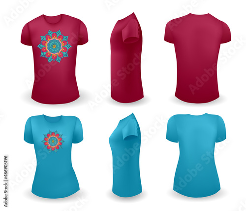 Dark red male and blue female t shirt realistic template with mandala. Front, side and back view. Vector