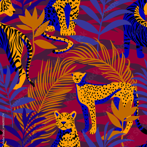 Seamless pattern with African animals. Leopard and tiger around exotic tropical leaves on decorative zebra striped skin background. Wildlife jungle background in trendy flat style.