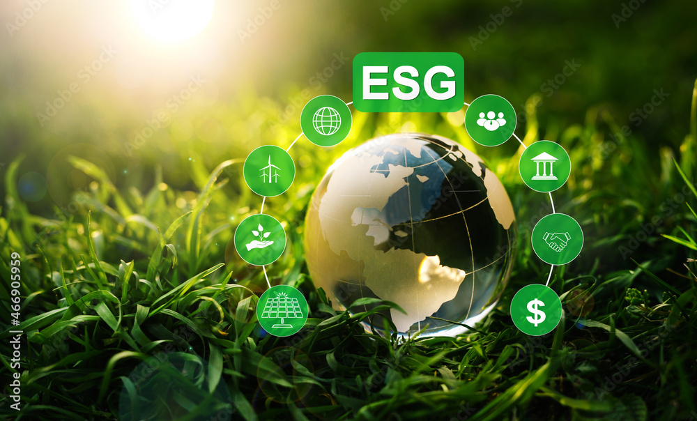 Crystal globe and ESG icons on green background.Environment social and
governance in sustainable and ethical business.Using technology of renewable resource to reduce pollution Crystal globe and ESG icons on green background.Environment social and
governance in sustainable and ethical business.Using technology of renewable resource to reduce pollution
