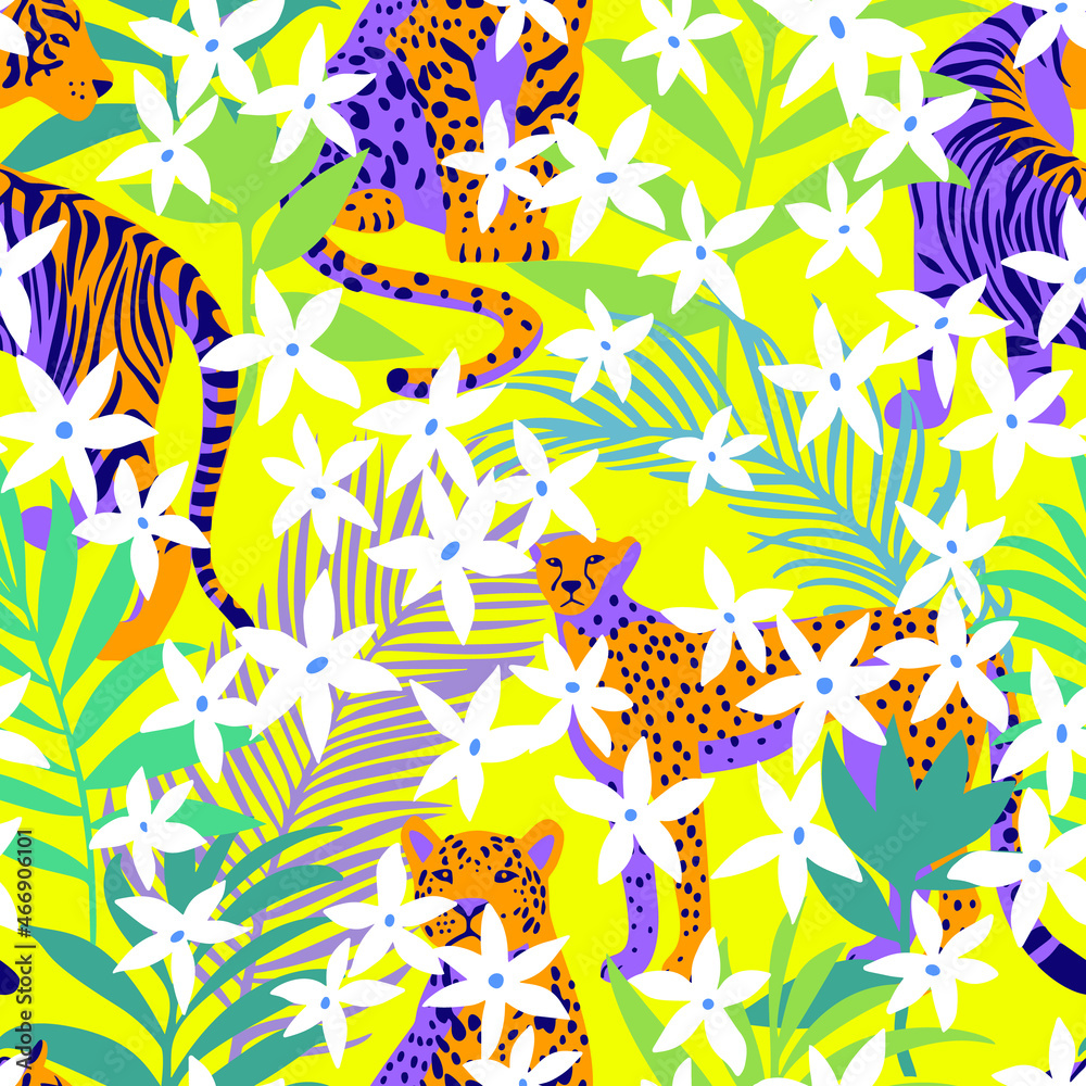 Obraz premium Seamless pattern with African animals. Leopard and tiger around exotic tropical leaves mixed with daisy flowers. Wildlife jungle background in trendy flat style.