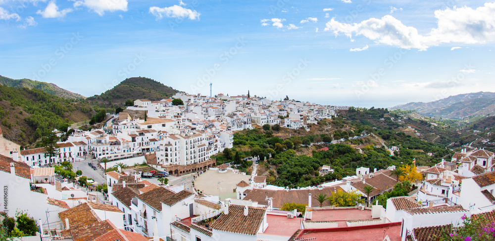 Panoramic view of Frigiliana, in Malaga, Andalusia, Spain.