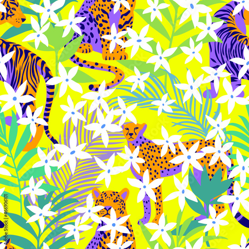 Seamless pattern with African animals. Leopard and tiger around exotic tropical leaves mixed with daisy flowers. Wildlife jungle background in trendy flat style.