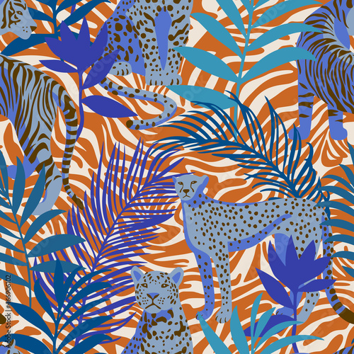 Seamless pattern with African animals. Leopard and tiger around exotic tropical leaves on decorative zebra striped skin background. Wildlife jungle background in trendy flat style.