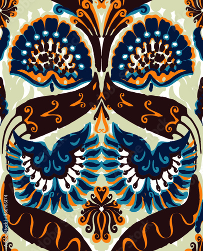 Seamless rotary repeatable exotic fabric design. The design is fully editable and easy to change colors to suit your fashion palette for the season.
