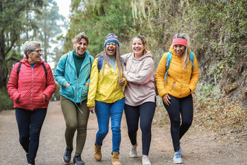 Multiracial women having fun during trekking day into the wood - Escape to the nature and travel concept - Focus on african woman face