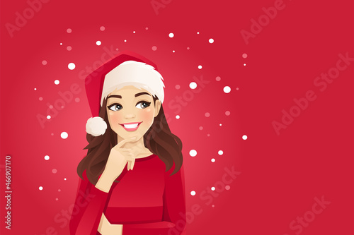 Cute thinking woman in santa hat looking away isolated on red snowing background vector illustration