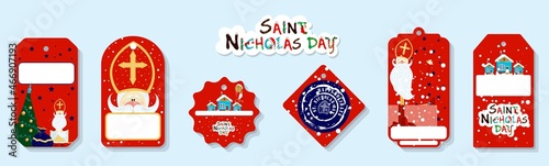 Bright festive paper price tags or gift tags of various shapes. Set of stickers for the day of St. Nicholas. St. Nicholas Day, Mikulas, Sinterklaas Eve. Gift tags