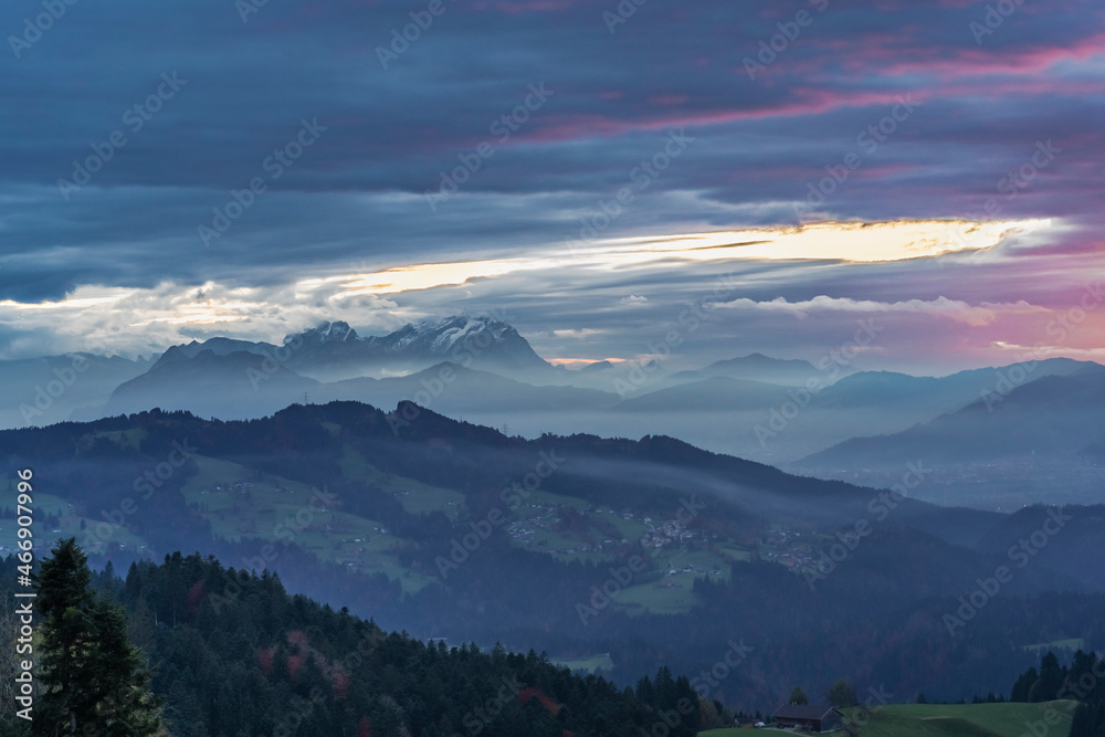 Sunset over Mount Saentis in Swiss Alps with Bregenzerwald, Austria, Vorarlberg, in foreground, Landscape
