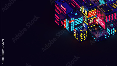 3d voxel night cityscape background. Pixel art cyberpunk style city illustration. neon lights and dark theme city. voxel structure.
There is no real language other than English in the image. photo