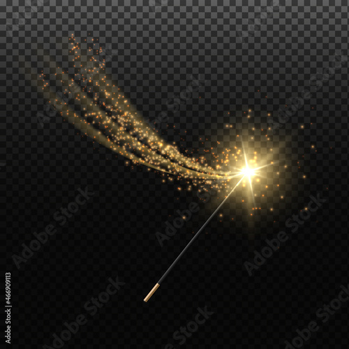 Magic wand with gold glowing sparkle trail, shiny star dust and light effect. Wizard magic wand.