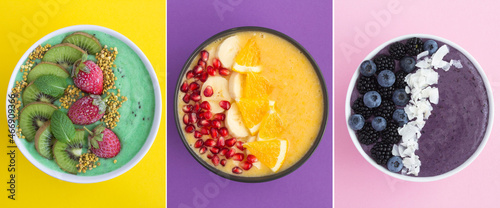 Fototapeta Naklejka Na Ścianę i Meble -  Collage of smoothie bowls with fruit and berry on the colored background. Top view. Close-up.