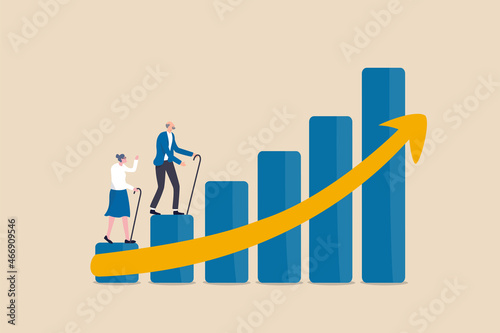 Aging society, world population aging problem, workforce crisis by low birth rate compare to senior elderly or retiree increase, elderly senior couple walk up rising, increasing graph of aged citizen. photo