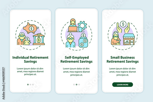 Types of savings onboarding mobile app page screen. Individual retirement savings walkthrough 3 steps graphic instructions with concepts. UI, UX, GUI vector template with linear color illustrations