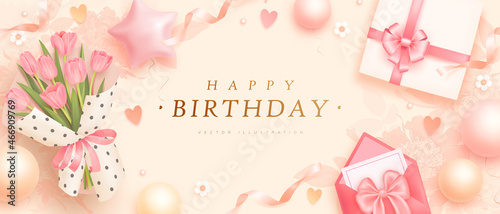 Happy birthday horizontal banner with realistic bouquet of tulips, envelope and gift box. 3d realistic style. Vector illustration