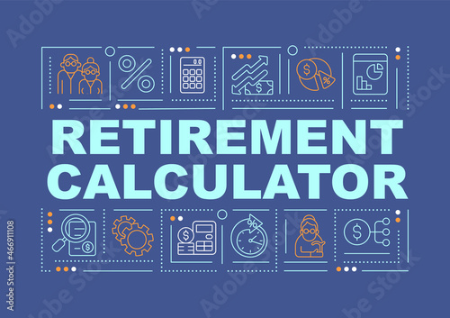 Pension sum calculator word concepts banner. Predict retirement nest egg. Infographics with linear icons on blue background. Isolated creative typography. Vector outline color illustration with text