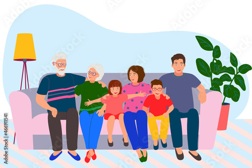 Big happy family is sitting on the couch. Grandmother, grandfather, father, mother and children. Vector illustration in flat style