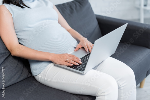 partial view of pregnant woman working on laptop on sofa at home