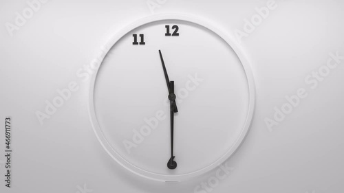 White clock on white backdrop with black numbers and arrows. Numbera appear as arrows goes by. 3d render photo