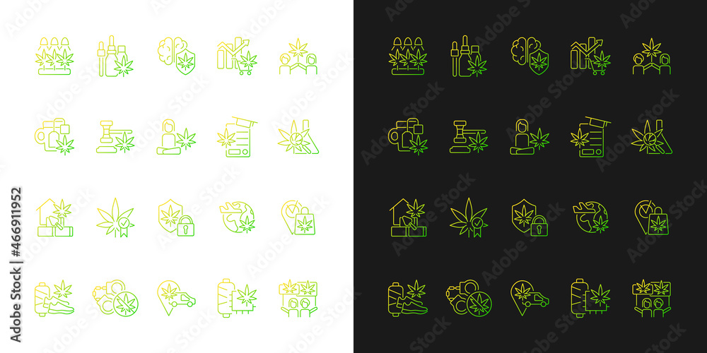 Cannabis in everyday life gradient icons set for dark and light mode. Marijuana cultivation. Thin line contour symbols bundle. Isolated vector outline illustrations collection on black and white
