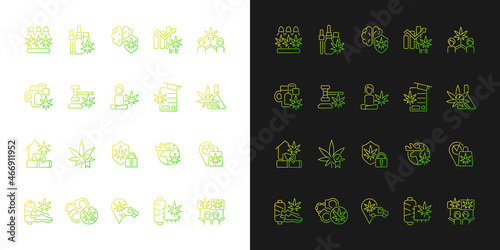 Cannabis in everyday life gradient icons set for dark and light mode. Marijuana cultivation. Thin line contour symbols bundle. Isolated vector outline illustrations collection on black and white