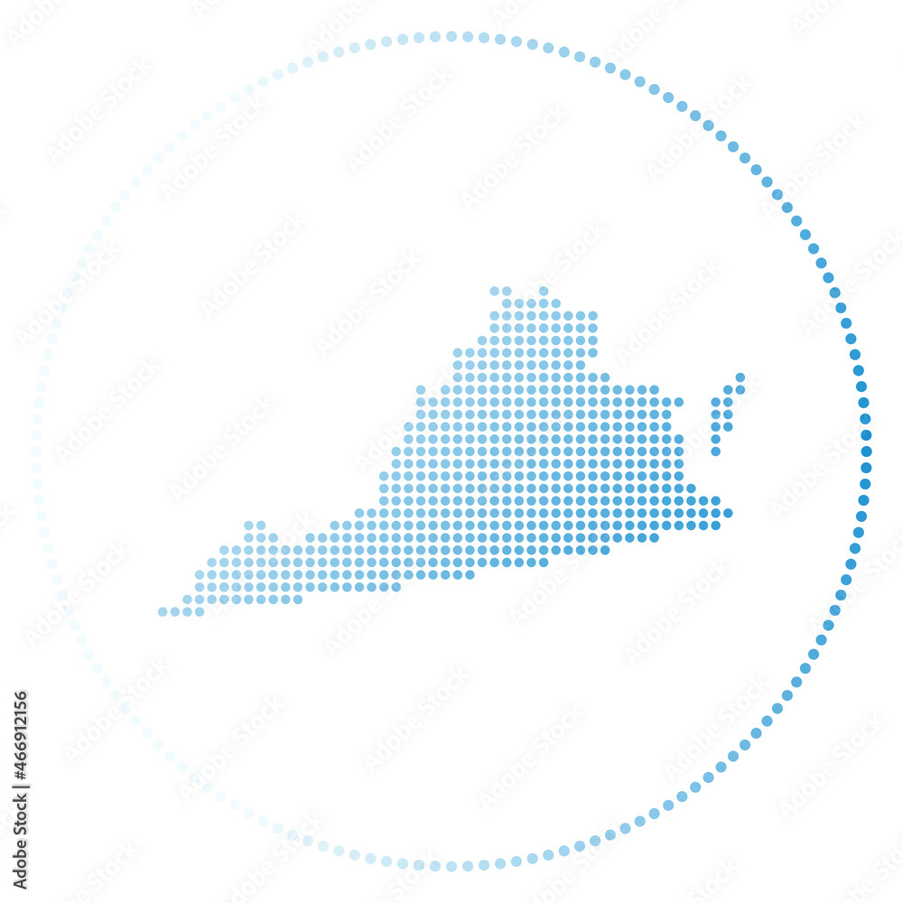 Virginia digital badge. Dotted style map of Virginia in circle. Tech icon of the us state with gradiented dots. Artistic vector illustration.