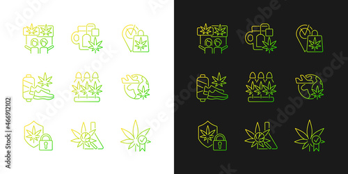 Cannabis usage gradient icons set for dark and light mode. Marijuana culture. Recreational use. Thin line contour symbols bundle. Isolated vector outline illustrations collection on black and white