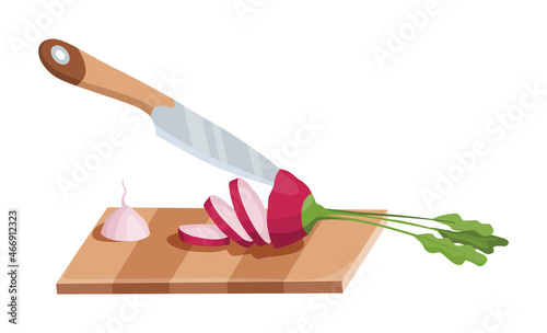Sliced vegetable. Slicing radish by knife. Cutting on wooden board isolated on white background. Prepare to cooking. Chopped fresh nutrition in cartoon flat style